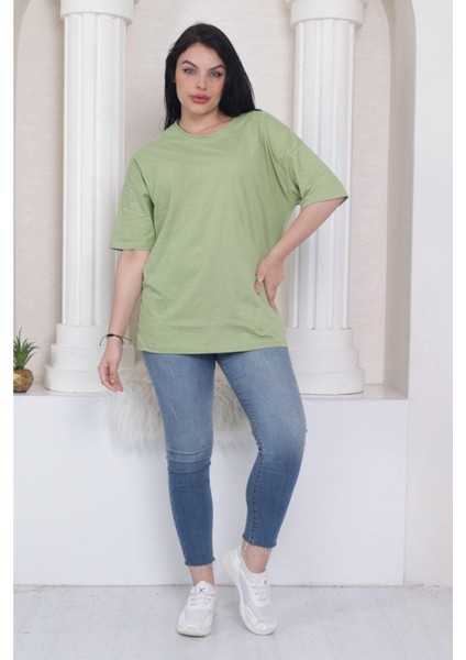 Süper Kalite Unisex Pamuk Yeşil Bisiklet Yaka Oversize Boyfriend T-Shirt Kadın Erkek