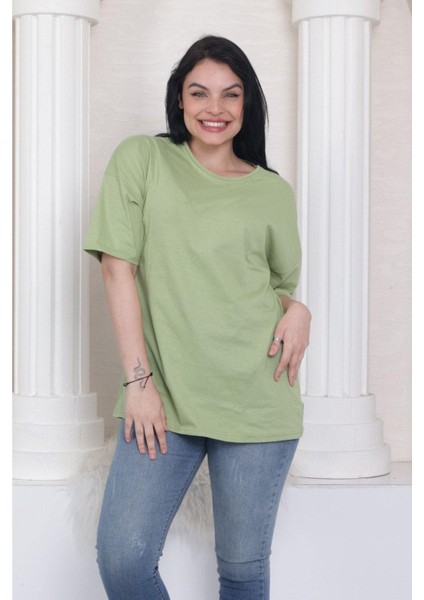 Süper Kalite Unisex Pamuk Yeşil Bisiklet Yaka Oversize Boyfriend T-Shirt Kadın Erkek fiyatları