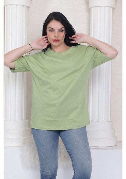 Süper Kalite Unisex Pamuk Yeşil Bisiklet Yaka Oversize Boyfriend T-Shirt Kadın Erkek modelleri