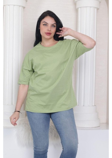 Süper Kalite Unisex Pamuk Yeşil Bisiklet Yaka Oversize Boyfriend T-Shirt Kadın Erkek fırsatları