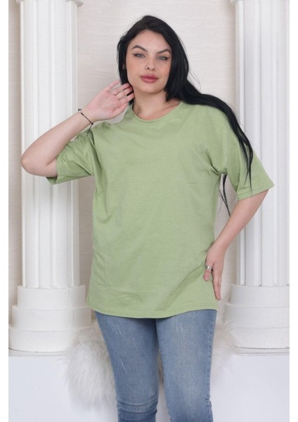 Süper Kalite Unisex Pamuk Yeşil Bisiklet Yaka Oversize Boyfriend T-Shirt Kadın Erkek indirimleri