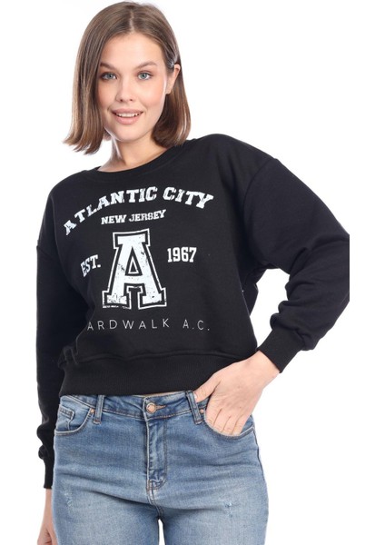 Kadın %100 Pamuk Baskılı Siyah Ultra Kalite Diagonel Şardonsuz 3iplik Bisiklet Yaka Basic Sweatshirt