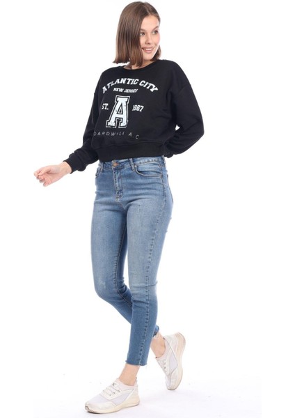 Kadın %100 Pamuk Baskılı Siyah Ultra Kalite Diagonel Şardonsuz 3iplik Bisiklet Yaka Basic Sweatshirt indirimleri