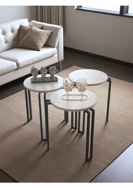 Dekoratif 3’lü Zigon Sehpa Metal Ayaklı Beyaz Ahşap Yuvarlak Misafir Servis Sehpası Orta Sehpa