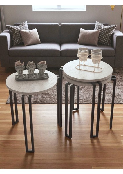 Dekoratif 3’lü Zigon Sehpa Metal Ayaklı Beyaz Ahşap Yuvarlak Misafir Servis Sehpası Orta Sehpa fiyatları