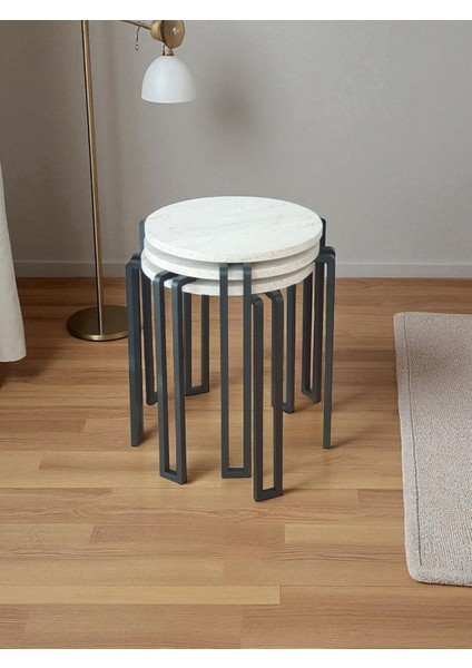 Dekoratif 3’lü Zigon Sehpa Metal Ayaklı Beyaz Ahşap Yuvarlak Misafir Servis Sehpası Orta Sehpa modelleri