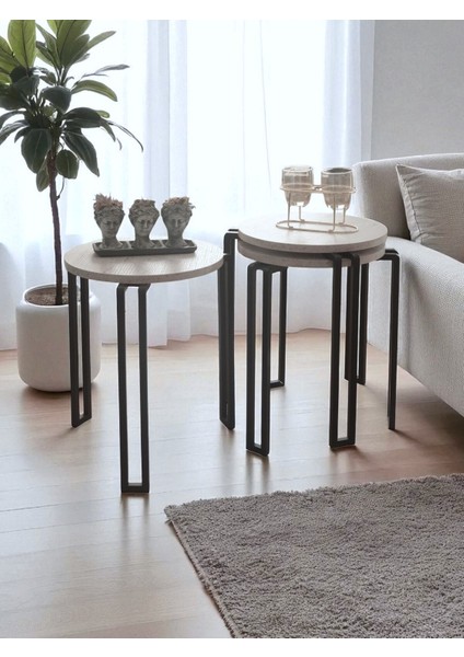 Dekoratif 3’lü Zigon Sehpa Metal Ayaklı Beyaz Ahşap Yuvarlak Misafir Servis Sehpası Orta Sehpa fırsatları