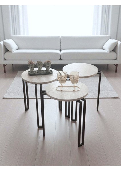 Dekoratif 3’lü Zigon Sehpa Metal Ayaklı Beyaz Ahşap Yuvarlak Misafir Servis Sehpası Orta Sehpa