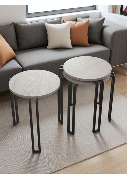 Dekoratif 3’lü Zigon Sehpa Metal Ayaklı Beyaz Ahşap Yuvarlak Misafir Servis Sehpası Orta Sehpa