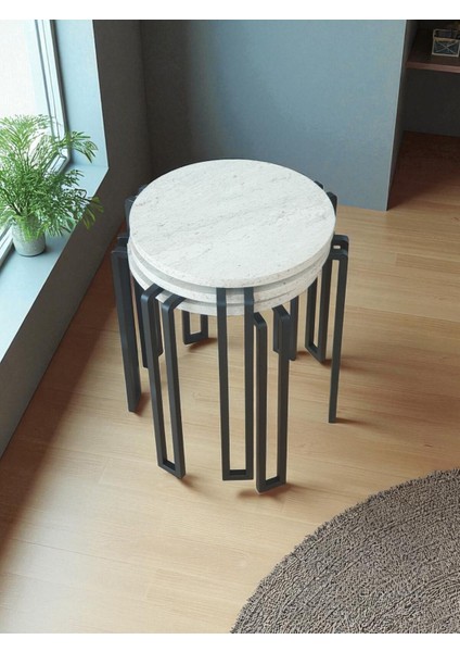 Dekoratif 3’lü Zigon Sehpa Metal Ayaklı Beyaz Ahşap Yuvarlak Misafir Servis Sehpası Orta Sehpa