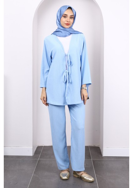 Mavi Ön Bağlamalı Bürümcük Kimono Pantolonlu Takım