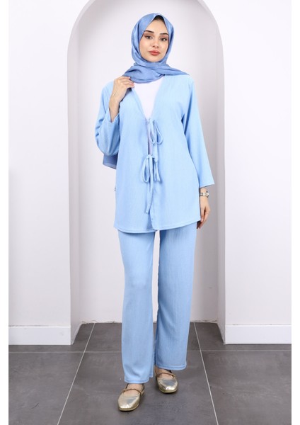 Mavi Ön Bağlamalı Bürümcük Kimono Pantolonlu Takım fiyatları