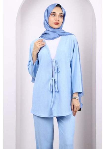 Mavi Ön Bağlamalı Bürümcük Kimono Pantolonlu Takım modelleri