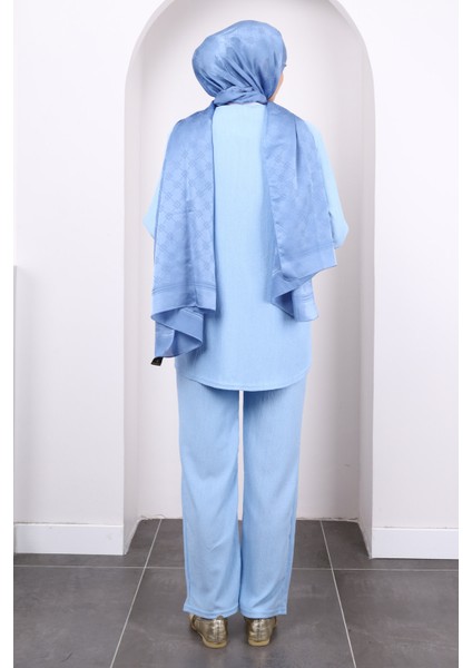 Mavi Ön Bağlamalı Bürümcük Kimono Pantolonlu Takım fırsatları