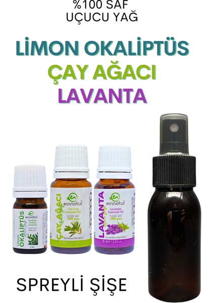 Okaliptüs Limon 5 Ml, Çay Ağacı 10 Ml, Lavanta Uçucu Yağı 10 Ml, Spreyli Şişe, E Citriodora