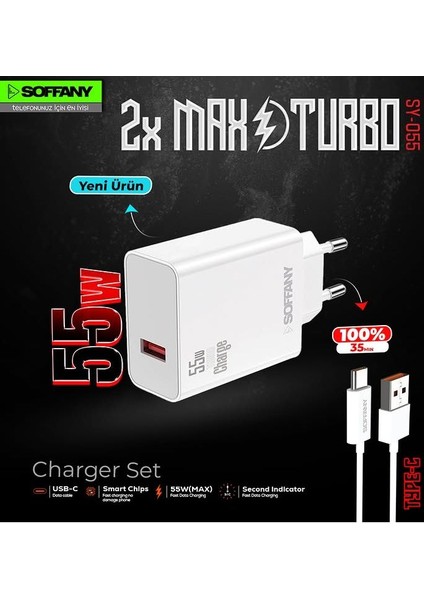 SY-055 Type-C Turbo Hızlı Şarj Seti 55W Şarj Başlığı ve Kablosu