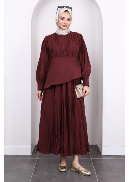 Bordo Kuşak Detaylı Kraş Elbise