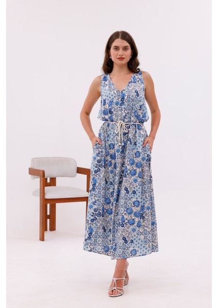 Desenli Viskon Kumaş Bağcıklı Uzun Elbise fiyatları