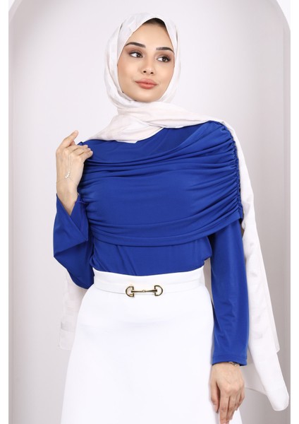 Saks Mavi Kol Yaka Detaylı Sandy Bluz