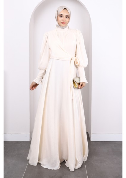 Krem Yandan Bağlamalı Abiye