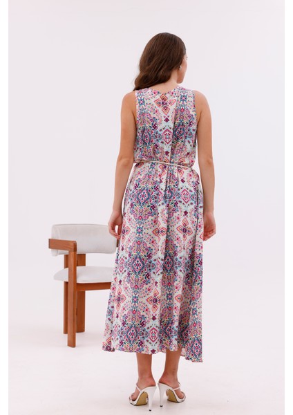 Desenli Viskon Kumaş Bağcıklı Uzun Elbise fiyatları