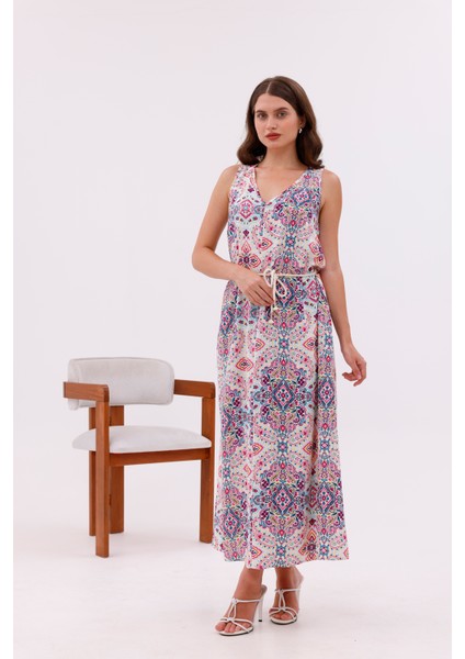 Desenli Viskon Kumaş Bağcıklı Uzun Elbise modelleri