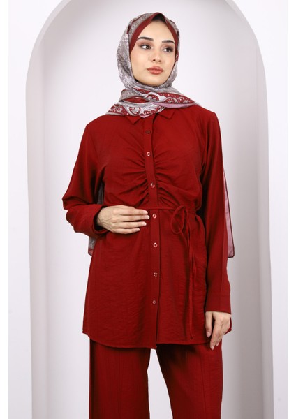 Bordo Ön Drapeli Tunik Pantolonlu Takım modelleri