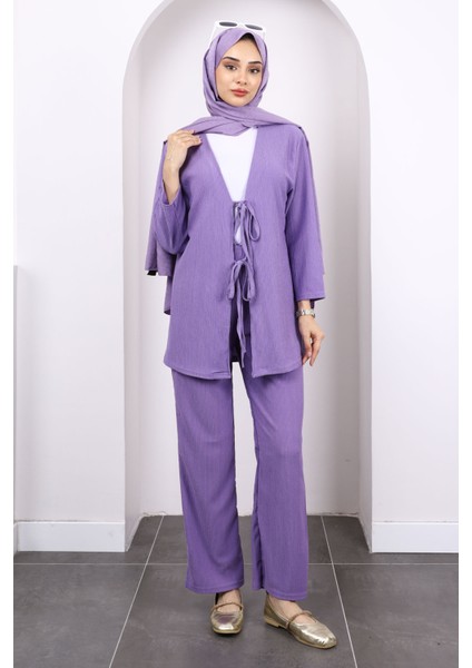 Lila Ön Bağlamalı Bürümcük Kimono Pantolonlu Takım