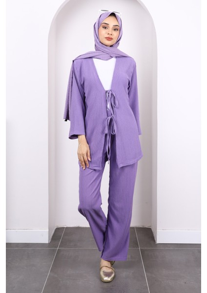 Lila Ön Bağlamalı Bürümcük Kimono Pantolonlu Takım fiyatları