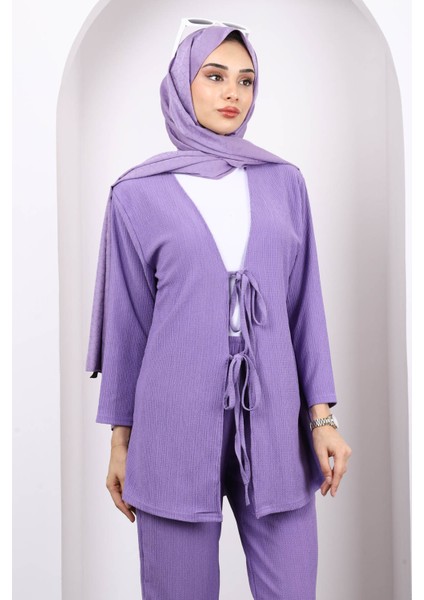 Lila Ön Bağlamalı Bürümcük Kimono Pantolonlu Takım modelleri