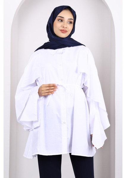 Beyaz Beli Ipli Volanlı Tunik