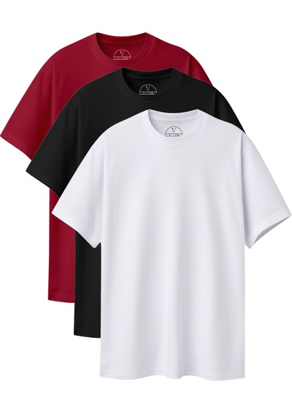 Unisex Oversize Basic 3'lü Siyah Beyaz Bordo Renk T-Shirt