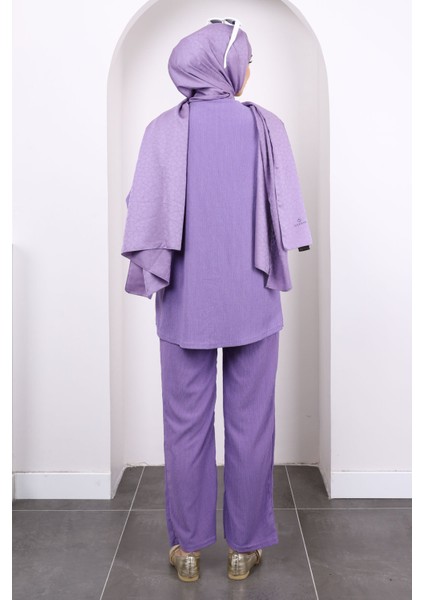 Lila Ön Bağlamalı Bürümcük Kimono Pantolonlu Takım fırsatları