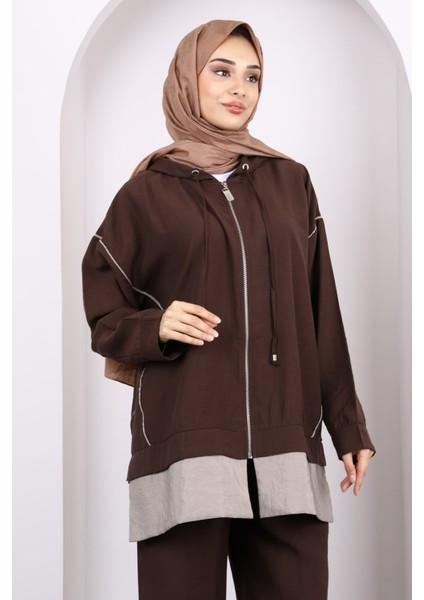 Kahve Fermuarlı Tunik Pantolonlu Takım modelleri