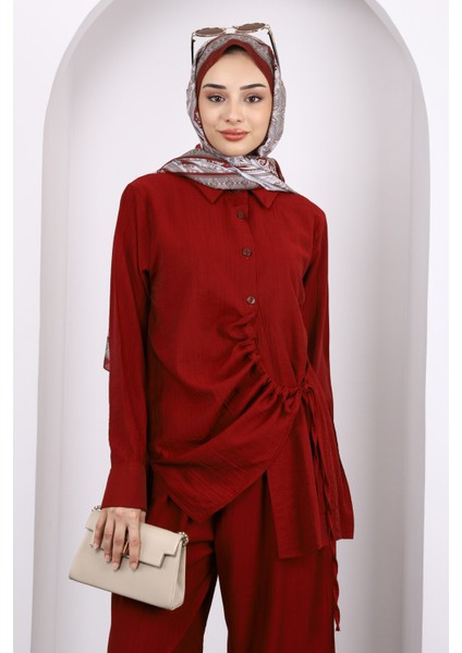 Bordo Ön Bağlamalı Tunik Pantolonlu Takım modelleri