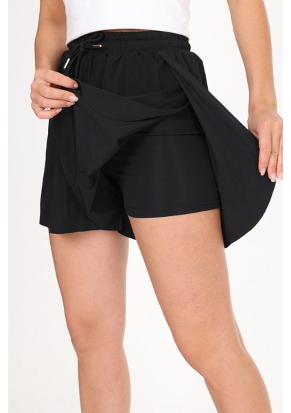 Siyah Bol Kesim Birleşik Taytlı Spor Şort Gündelik / Spor / Havuz / Deniz