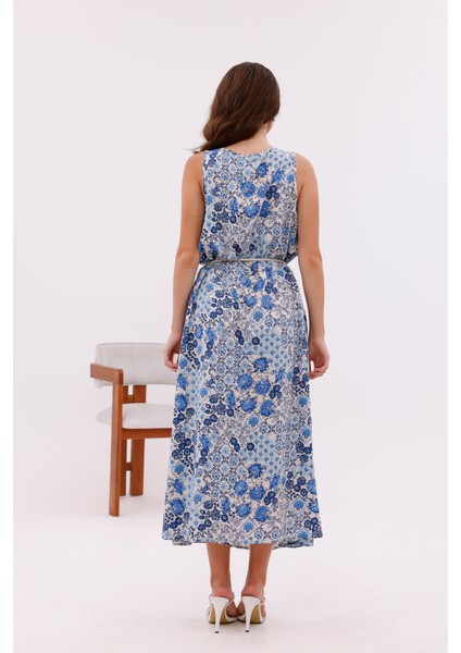 Desenli Viskon Kumaş Bağcıklı Uzun Elbise modelleri