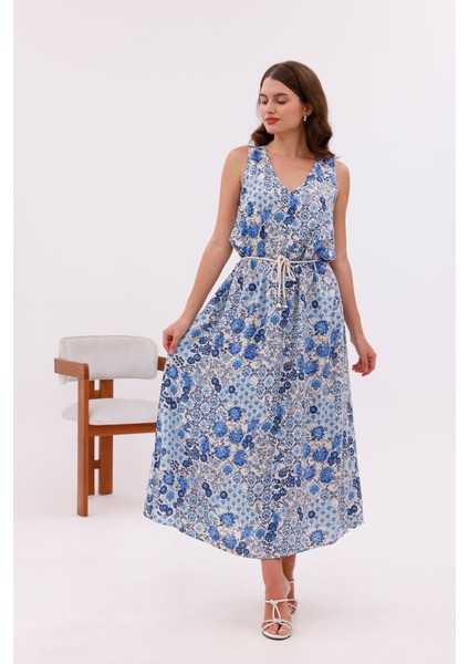 Desenli Viskon Kumaş Bağcıklı Uzun Elbise fırsatları