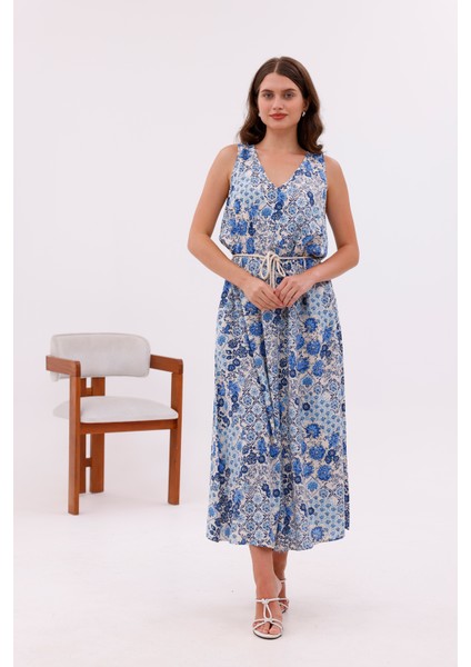 Desenli Viskon Kumaş Bağcıklı Uzun Elbise indirimleri