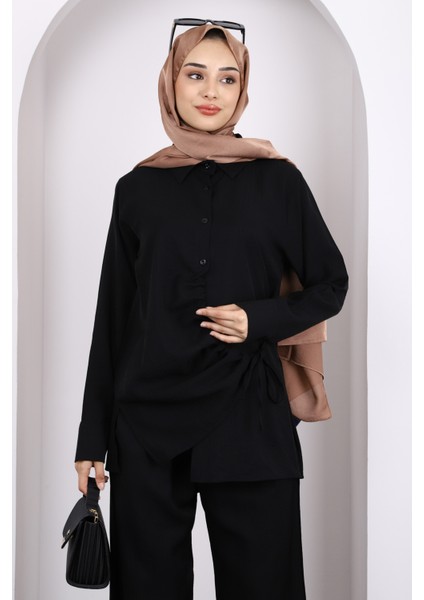 Siyah Ön Bağlamalı Tunik Pantolonlu Takım modelleri