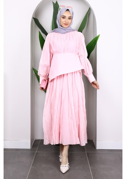 Toz Pembe Kuşak Detaylı Kraş Elbise