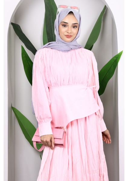 Toz Pembe Kuşak Detaylı Kraş Elbise modelleri