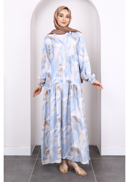 Bebe Mavi Yarım Düğmeli Desenli Elbise