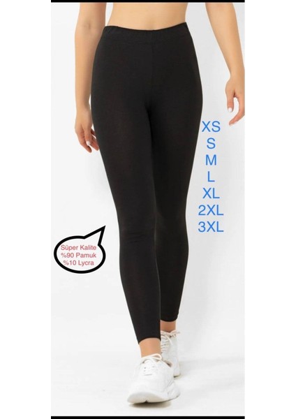 Süper Kalite Siyah Penye Pamuklu Likralı Uzun Tayt Yüksek Bel