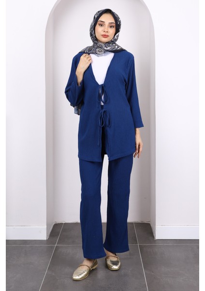 Indigo Ön Bağlamalı Bürümcük Kimono Pantolonlu Takım