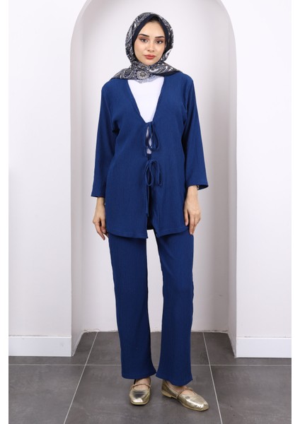 Indigo Ön Bağlamalı Bürümcük Kimono Pantolonlu Takım fiyatları