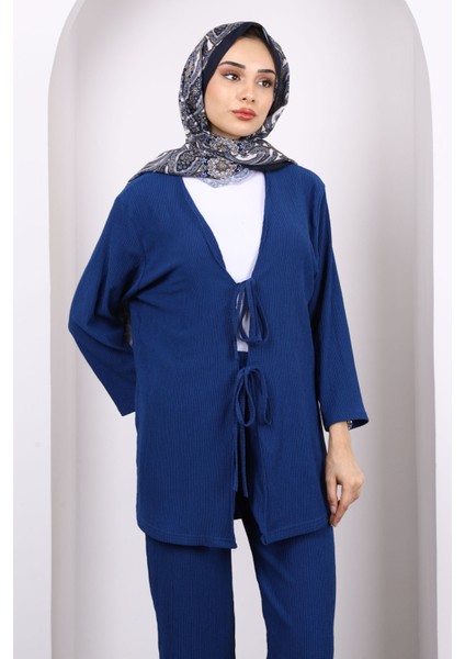 Indigo Ön Bağlamalı Bürümcük Kimono Pantolonlu Takım modelleri