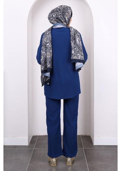 Indigo Ön Bağlamalı Bürümcük Kimono Pantolonlu Takım fırsatları