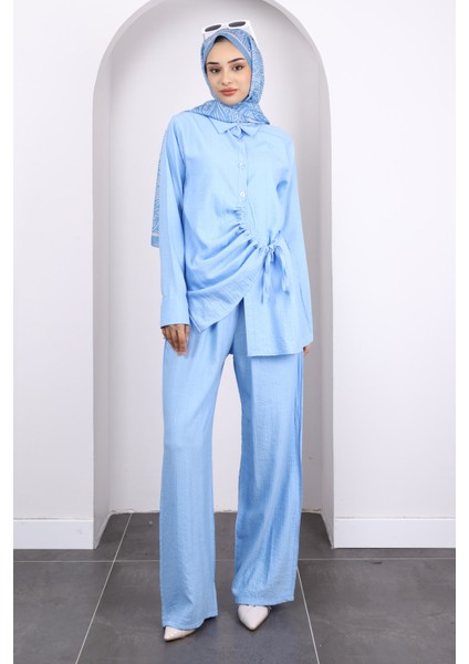 Bebe Mavi Ön Bağlamalı Tunik Pantolonlu Takım