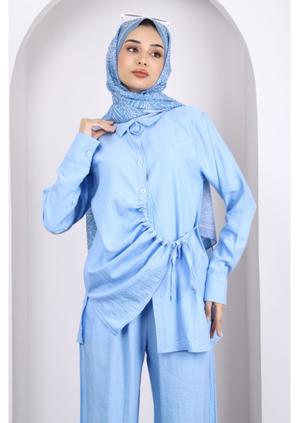 Bebe Mavi Ön Bağlamalı Tunik Pantolonlu Takım modelleri